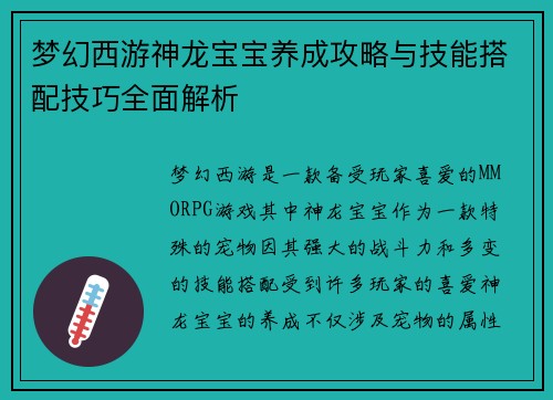 梦幻西游神龙宝宝养成攻略与技能搭配技巧全面解析